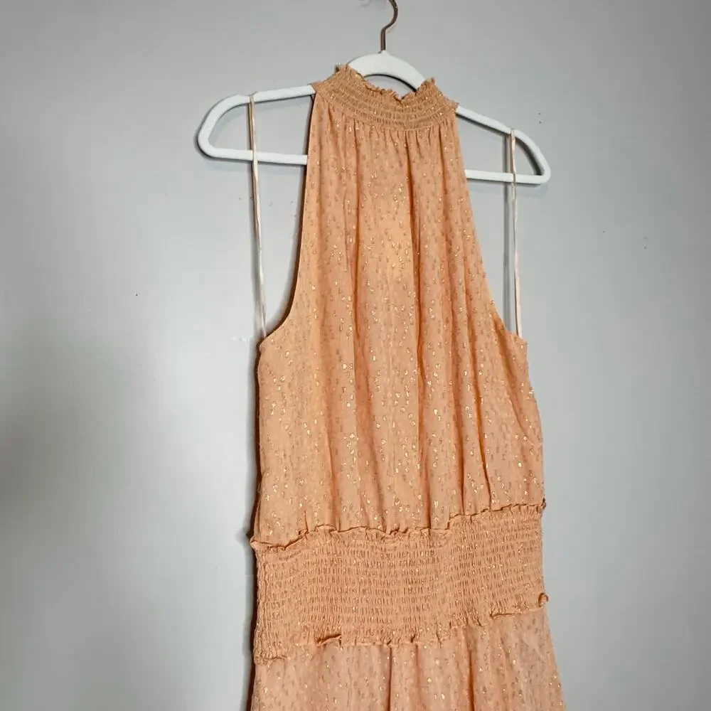 A.L.C. Kaia Halter Neck Blush Smocked Silk Metallic Midi Dress Size 8 NWT - Picture 3 of 10